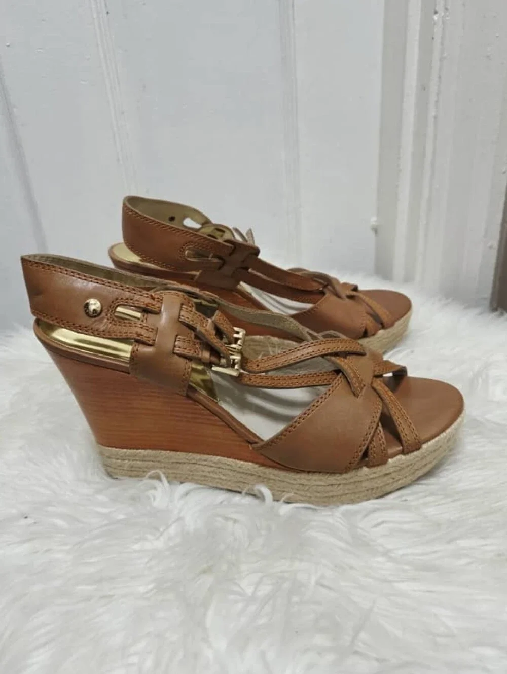 Michael Kors Keli Wedge Leather Espadrille Crossover Heel Sandal Brown Tan 10M